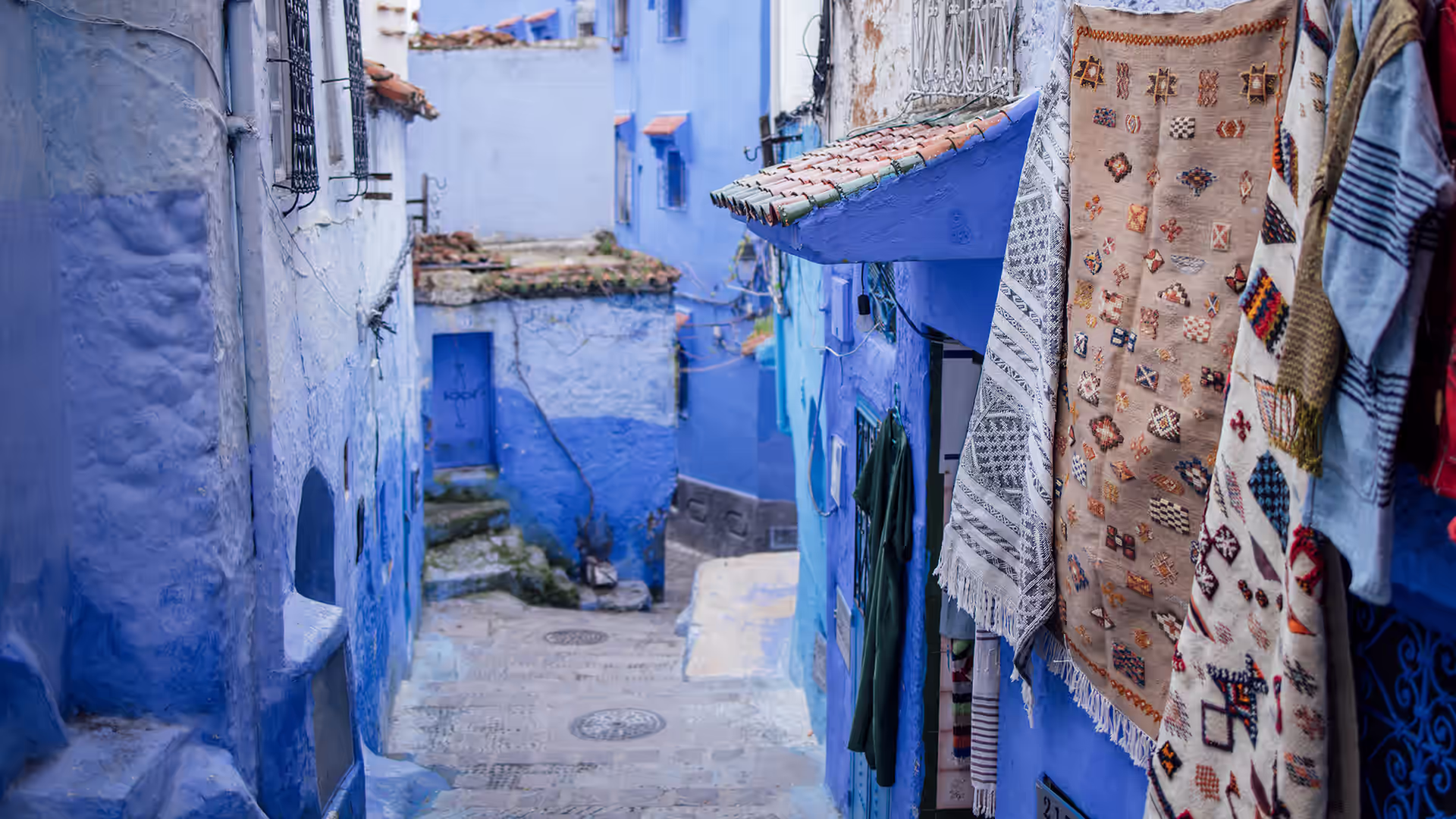 Narrow blue-washed lane in Chefchaouen hung with plants and pots