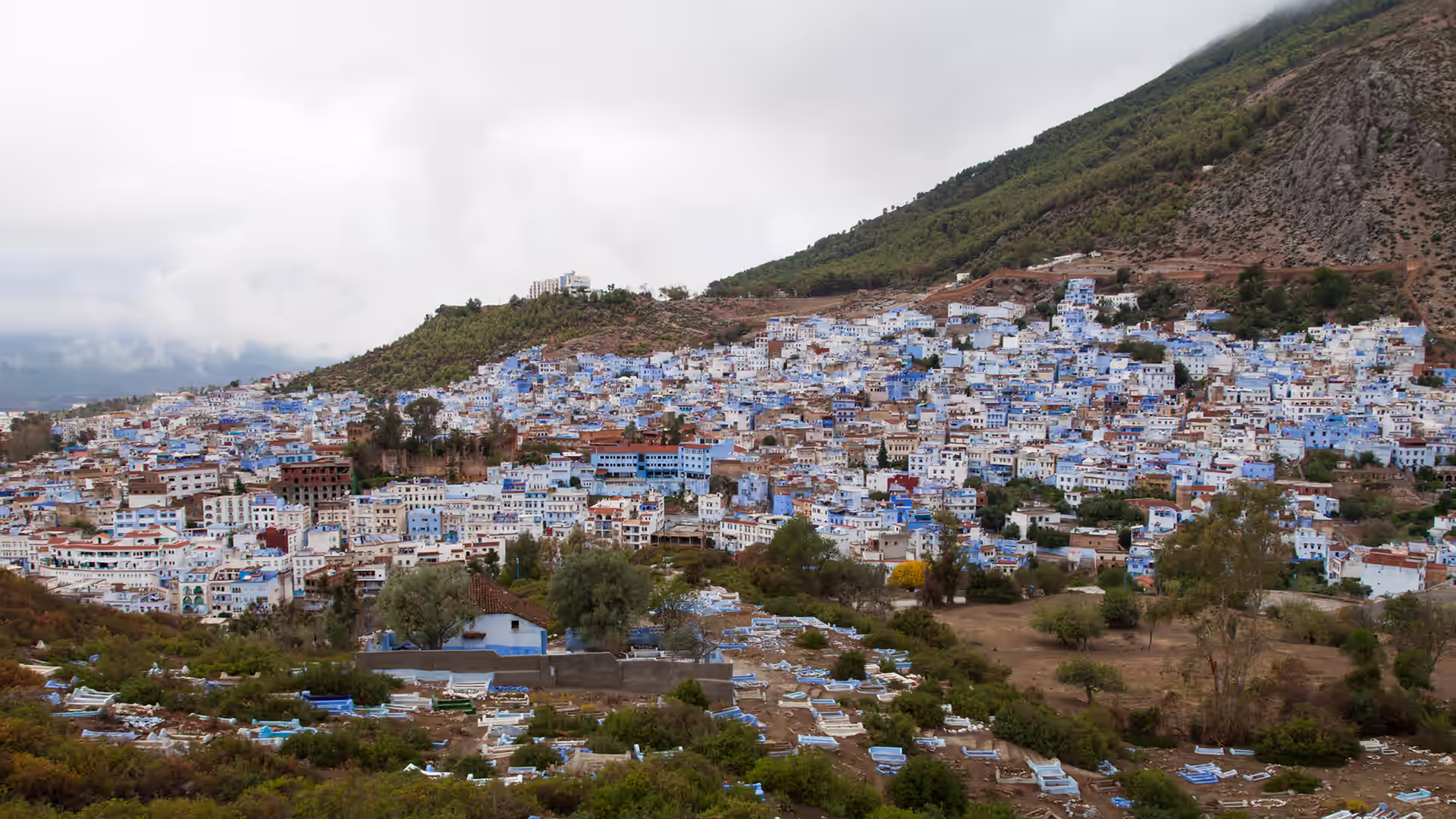 The blue-washed town of Chefchaouen spread across the hillside in the Rif mountains