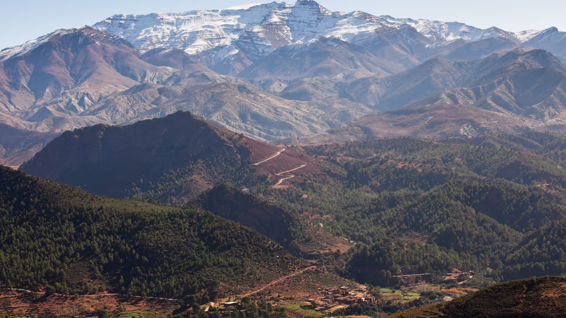 Ridges of the High Atlas mountains receding under a clear sky
